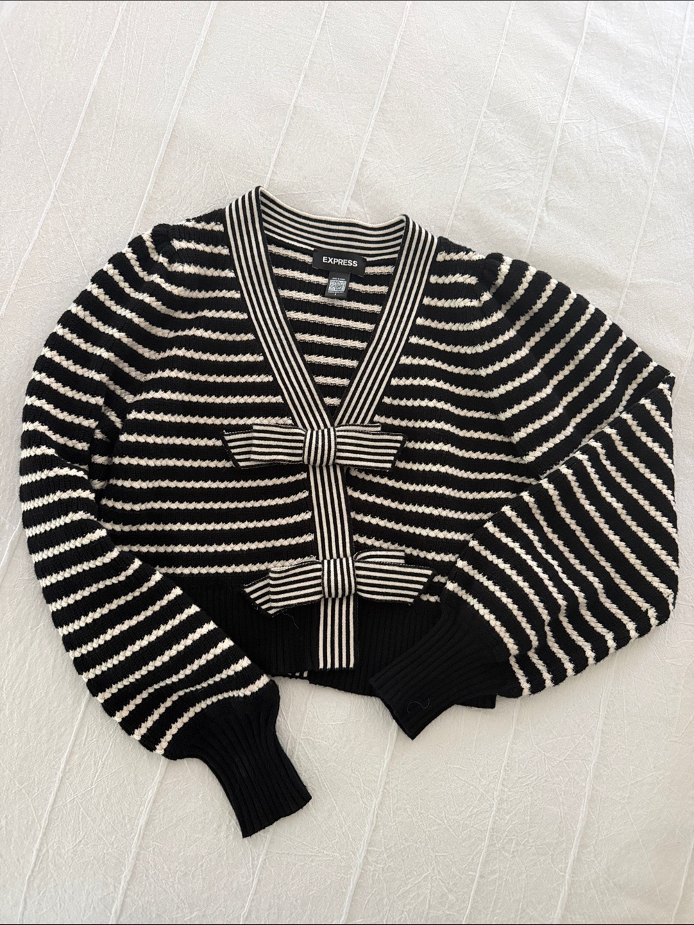 Express Black & Cream Striped Bow-Front Cardigan